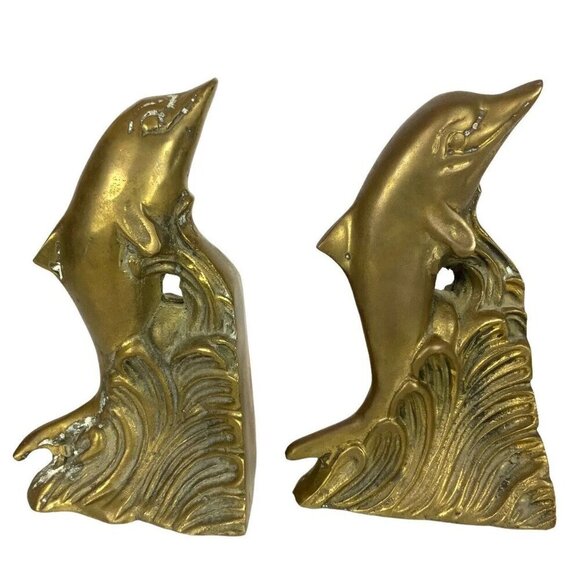 Vintage Brass Dolphin Waves Bookends Mid Century Home Library Decor Taiwan - Picture 4 of 8